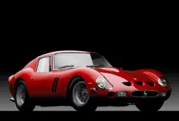 Czerwone Ferrari 250 GTO na czarnym tle.