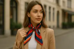 Elegancka kobieta w beżowym płaszczu i kolorowej chuście na szyję, z subtelnym złotym wzorem.