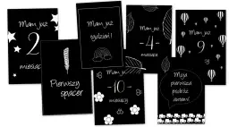 Karty do zdjęć pierwszy rok życia dziecka: "Mam już 2 miesiące", "Mam już tydzień!", "Mam już 4 miesiące", "Mam już 9 miesięcy", "Pierwszy spacer", "Mam już 10 miesięcy", "Moja pierwsza podróż autem!".