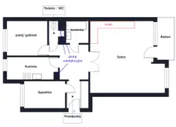 Plan mieszkania z kuchnią, salonem, sypialnią, łazienką i aneksem. Wskazane piony wentylacyjne. Przeniesienie kuchni może być problematyczne.
