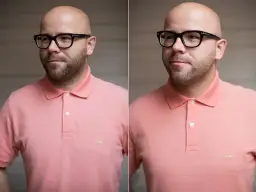 Łysy mężczyzna w okularach i różowej koszulce polo. Widać kilkudniowy zarost, prawdopodobnie około 3-5 mm.