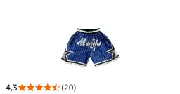 Niebieskie szorty koszykarskie z białymi paskami i napisem "Magic" ozdobione gwiazdkami. Idealne dla fana basketu.