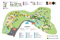 Mapa zoo w Gdańsku z zaznaczonymi pawilonami zwierząt, wejściami, wyjściami i legendą.