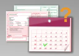 Rezept und Kalender mit markiertem Datum, daneben ein Fragezeichen.