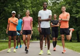 Grupa biegaczy w sportowych strojach, idealnych do biegania. Wygodne spodenki i koszulki zapewniają komfort podczas treningu.