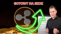 Moneta XRP na stosie złotych monet, obok mężczyzny i tablicy z napisem "Why XRP Will Pu".