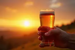 Dłoń trzymająca szklankę piwa na tle zachodzącego słońca.
