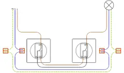 Schemat podłączenia schodowego z dwoma łącznikami i lampą. Przewody fazowy, neutralny i ochronny połączone z instalacją.