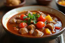 Gęsta zupa gulaszowa z kawałkami mięsa, ziemniaków i pomidorków koktajlowych, ozdobiona natką pietruszki. Czy zupę gulaszową się zagęszcza? Ta wygląda na idealnie doprawioną.