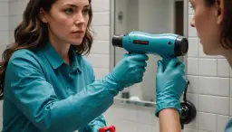 Kobieta w rękawiczkach trzyma suszarkę do włosów przy kafelkach.