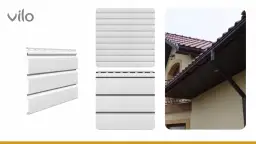 Biała podbitka Vilo, odporna na zabrudzenia, prezentowana na tle domu z brązową rynną.