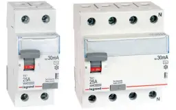 Dwa wyłączniki różnicowoprądowe RCD typ A, 25A, 30mA marki Legrand.