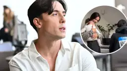 Dawid Kwiatkowski w białej koszuli i zdjęcie kobiety z dzieckiem w okręgu.