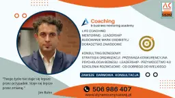 Mężczyzna w garniturze, logo "Coaching & business mentoring academy", cel z strzałką, cytat Jima Rohna.