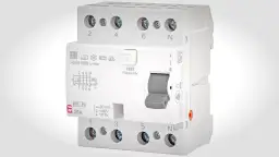 Biała różnicówka typu F, 25A, z szarym wyłącznikiem i przyciskiem testowym. Zapewnia bezpieczeństwo instalacji elektrycznej.