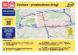 Mapa z zaznaczonymi trasami autobusów MZK Zielona Góra i informacją o zmianach.