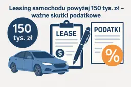 Niebieski samochód, umowa leasingowa i dokument "PODATKI" z symbolem procentu. Leasing samochodu na firmę powyżej 150 tys. zł.