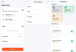 Konfiguracja scenariusza w aplikacji Tuya: dodawanie warunków (np. czujnik wibracji) i akcji (np. sterowanie kurtyną).