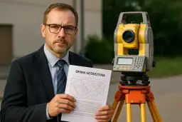 Mężczyzna w garniturze trzyma opinię geodezyjną obok tachimetru geodezyjnego.