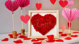 Własnoręczny prezent na walentynki: serce z czerwonych różyczek w ramce, ozdobione złotym napisem "love". Wokół wiszące serduszka i wachlarze.