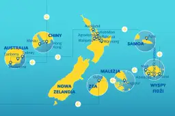 Mapa pokazuje podróż po Pacyfiku: Nowa Zelandia, Australia, Chiny, Samoa, Fidżi, Malezja.