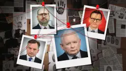Śledztwo w sprawie lista afer PiS. Zdjęcia polityków połączone czerwoną nicią na tablicy dowodów.