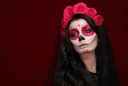 Kobieta z makijażem sugar skull, ozdobiona różami i welonem. Przerażające makijaże na Halloween w pełnej krasie.