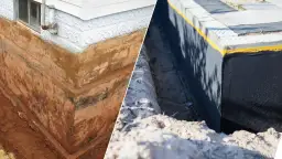 Porównanie: stary, wilgotny fundament z widoczną warstwą ziemi obok nowej, czarnej hydroizolacji. Jaka izolacja na fundament jest kluczowa.
