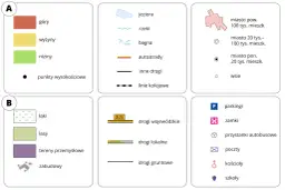 Oznaczenia na mapie zasadniczej: kolory gór, wyżyn, nizin, łąk, lasów, terenów przemysłowych, zabudowy, a także symbole dróg, miast, wsi i innych obiektów.