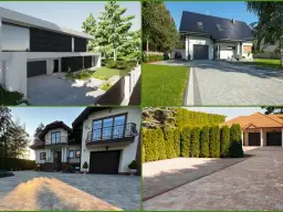 Cztery podjazdy z kostki brukowej przed nowoczesnymi i tradycyjnymi domami.