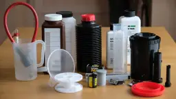 Naczynia i chemikalia do wywoływania filmów w ciemni fotograficznej: butelki z odczynnikami, menzurki, klisza, szpulki.