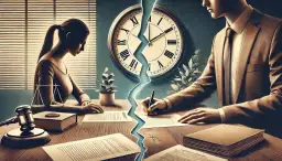 Para dowiedzieć się, jak sprawdzić termin rozprawy sądowej, spójrz na ten symboliczny obraz: zegar podzielony na pół, para przy stole z dokumentami i młotek sędziowski.