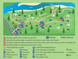 Mapa **camping Łęg Frydman** z zaznaczonymi namiotami, kamperami, placem zabaw, recepcją, sanitariatami i parkingiem.