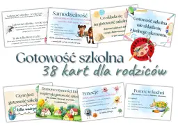 Karty pracy zerówka do wydruku: "Gotowość szkolna - 38 kart dla rodziców". Tematy: samodzielność, emocje, pomoc w kuchni.