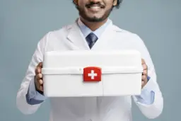 Mężczyzna w białym kitlu trzyma białą apteczkę z czerwonym krzyżem.
