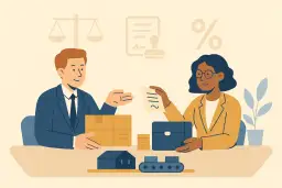 Ludzie omawiają umowę, wymieniając dokumenty i przedmioty. To ilustracja współpracy barterowej.