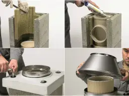 Montaż zakończenia komina systemowego: izolacja, rura, uszczelnienie i osłona.