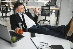 Mężczyzna w garniturze z alkoholem w ręku, zastanawia się, czy pracodawca może sprawdzać alkomatem.