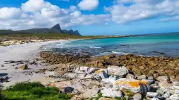 Plaża i skaliste wybrzeże na Przylądku Dobrej Nadziei. Turkusowa woda, piaszczysta plaża, góry w tle.