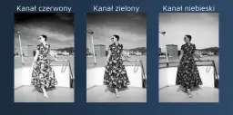 Kobieta w sukience na tle miasta. Obok trzy wersje zdjęcia z różną głębią bitową: kanał czerwony, zielony i niebieski.