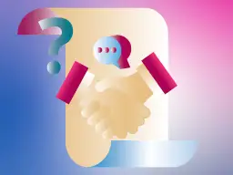 Dłoń podająca dłoń, znak zapytania i dymek czatu na tle gradientu.