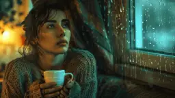 Smutna kobieta z kubkiem w dłoniach patrzy przez zapłakane okno. W deszczu szuka ukojenia, jak w cytatach o zdradzie.