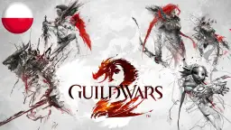 Grafika z gry Guild Wars 2, z polską flagą. Postacie i smok w stylu szkicu, sugerujące polskie spolszczenie gry.