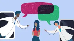 Pacjentka konsultuje się z dwoma lekarzami, którzy wychodzą z ekranów. Dymki nad ich głowami symbolizują rozmowę i wymianę informacji, co ułatwia uzyskanie drugiej opinii medycznej.