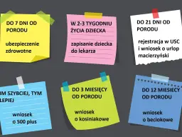 Terminy na zameldowanie dziecka po urodzeniu: ubezpieczenie zdrowotne do 7 dni, rejestracja do USC i wniosek o urlop macierzyński do 21 dni, wniosek o 500 plus, wniosek o becikowe i kosiniakowe w kolejnych miesiącach.