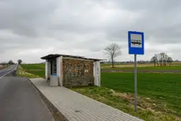 Przystanek autobusowy z wiatą i znakiem drogowym na tle pól i nieba.