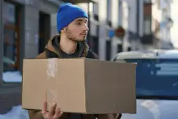 Kurier w niebieskiej czapce niesie paczkę na tle ulicy i samochodu.
