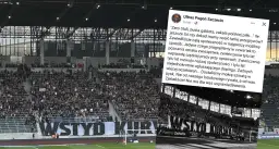 Trybuna kibiców Pogoni Szczecin z transparentem "WSTYD KURWA".