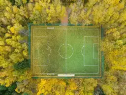 Małe boisko do piłki nożnej wymiary otoczone jesiennym lasem.