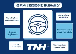 Grafika przedstawia ikonę kierownicy i listę objawów uszkodzonej maglownicy: wycieki płynu, stukanie, luz, nieszczelność, ciężko chodząca kierownica i nierównomierne zużycie opon.